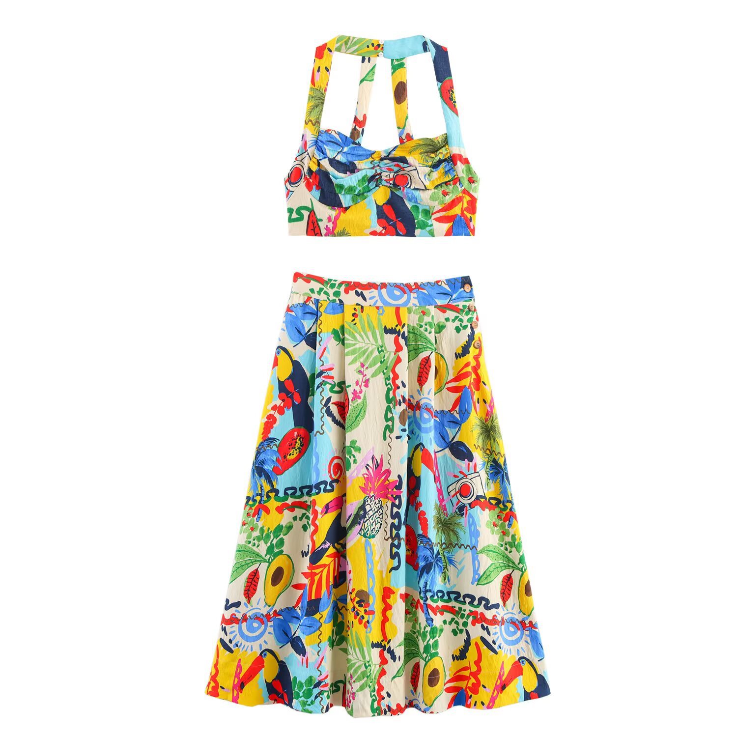 Conjunto de top corto estampado y falda midi tropical KUN-00085