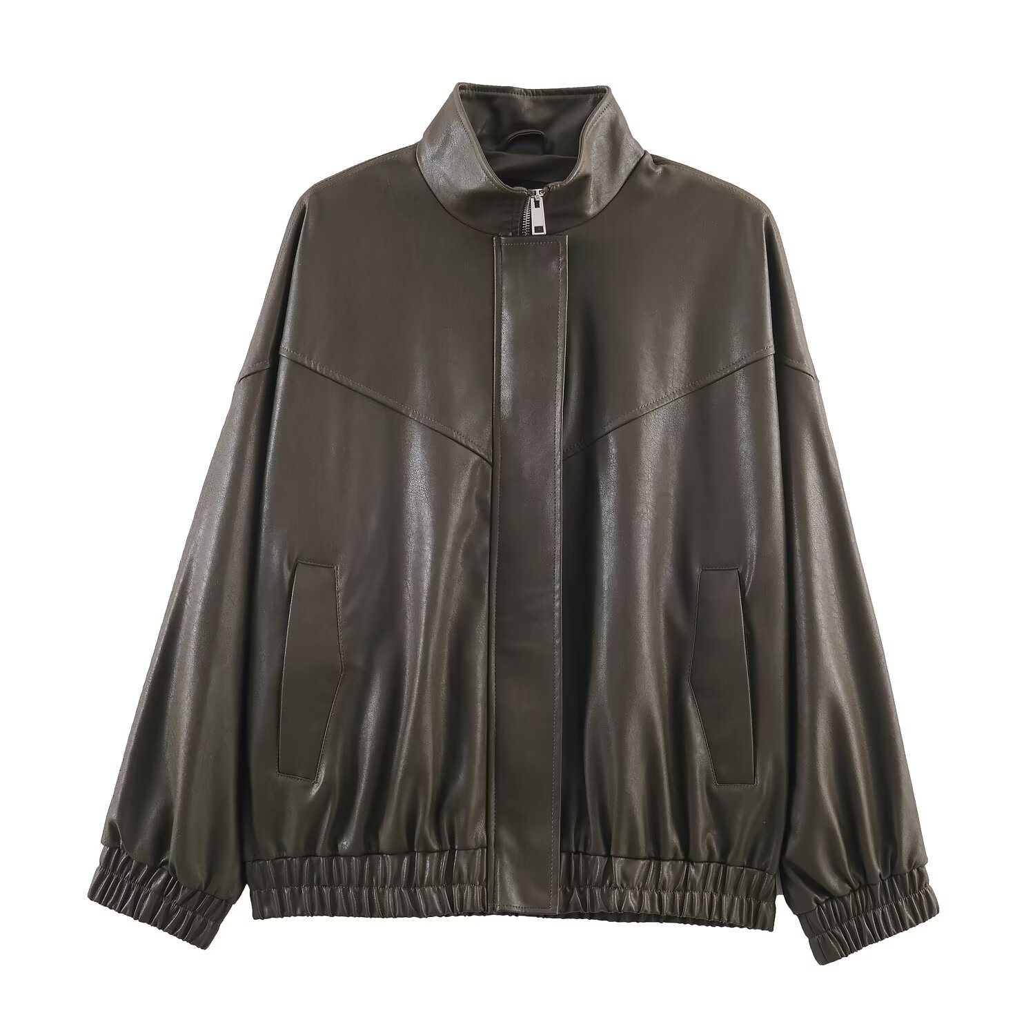 Faux Leather Bomber Jacket - Stand Collar, Stylish KUN-00052