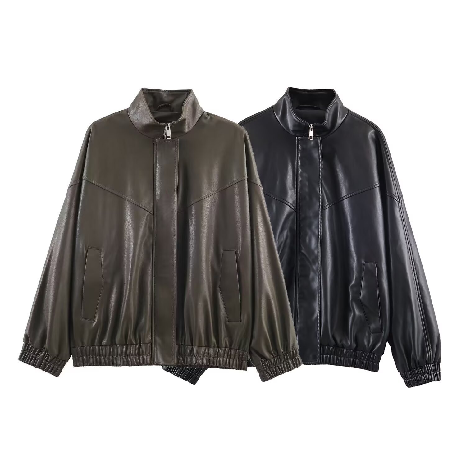 Faux Leather Bomber Jacket - Stand Collar, Stylish KUN-00052