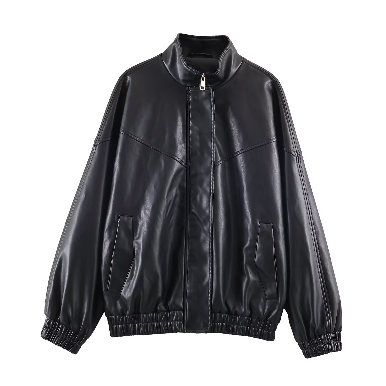 Faux Leather Bomber Jacket - Stand Collar, Stylish KUN-00052