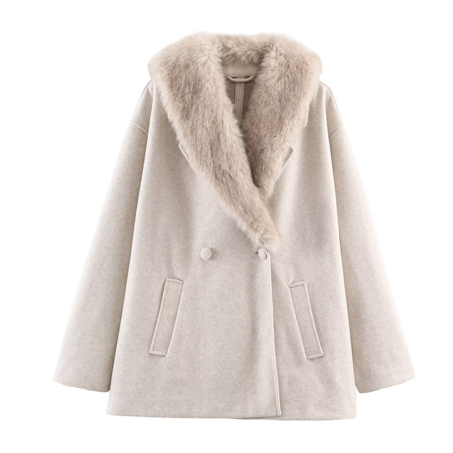 Wool Blend Fashionable Short Peacoat with Fur Collar KUN-00038