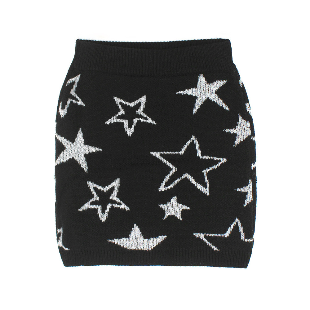 Knitted Star Print Mini Skirt Elastic Waist - Autumn Spring