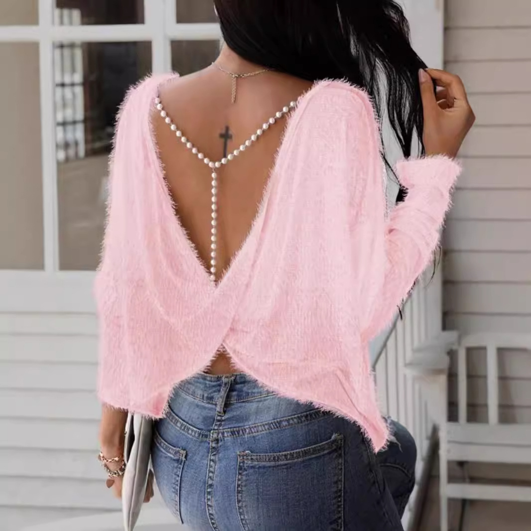 Knit Backless Sweater, Long Sleeve Pullover Top, Loose Fit SSU-00027