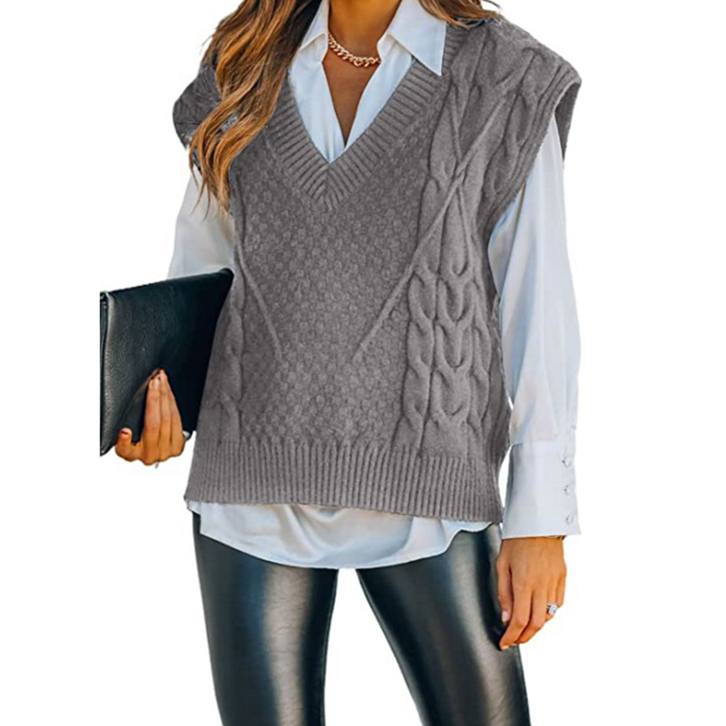 Cable Knit Sleeveless V Neck Sweater Vest Women SSU-00001