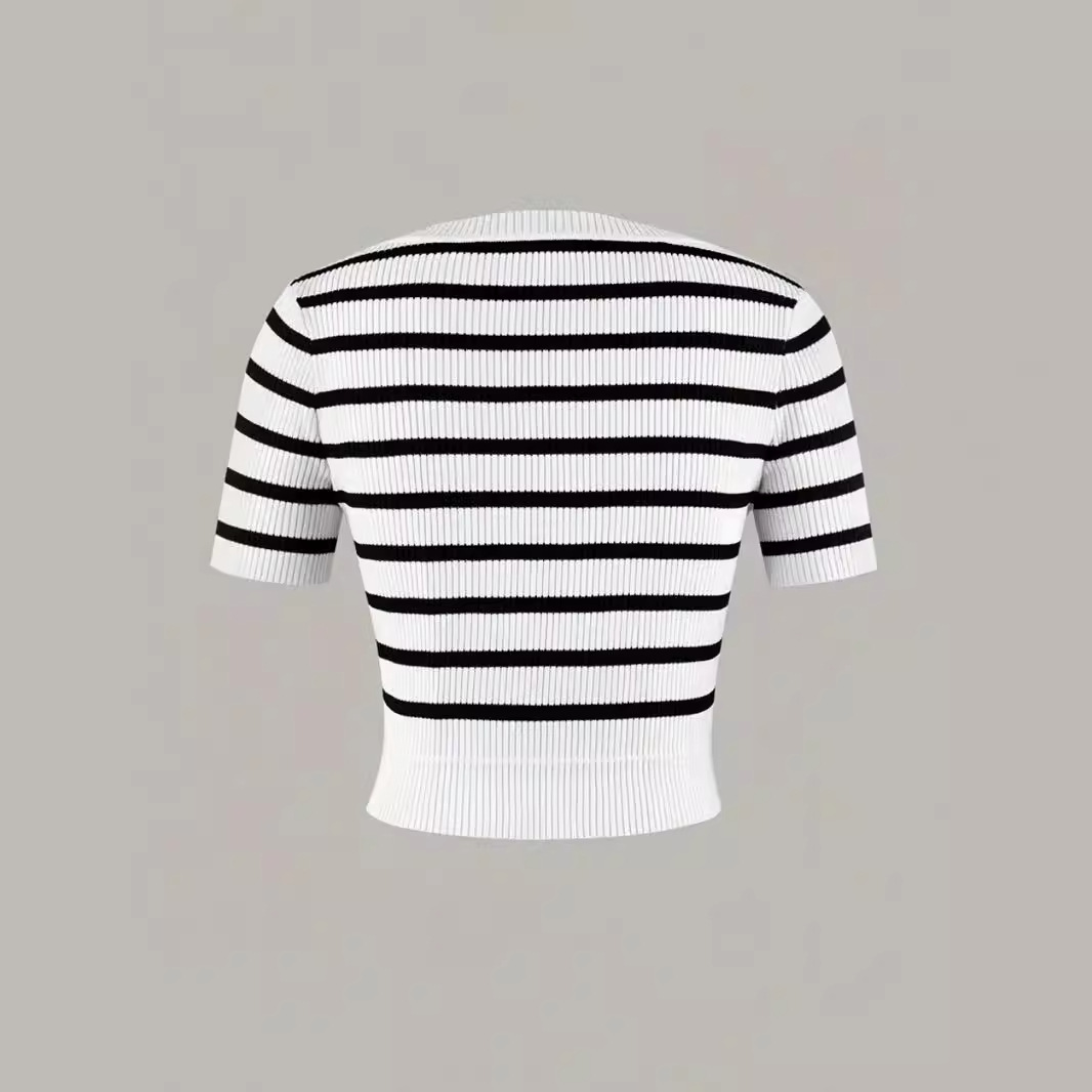Striped Short Sleeve T-Shirt Square Neck Summer Top SSU-00001