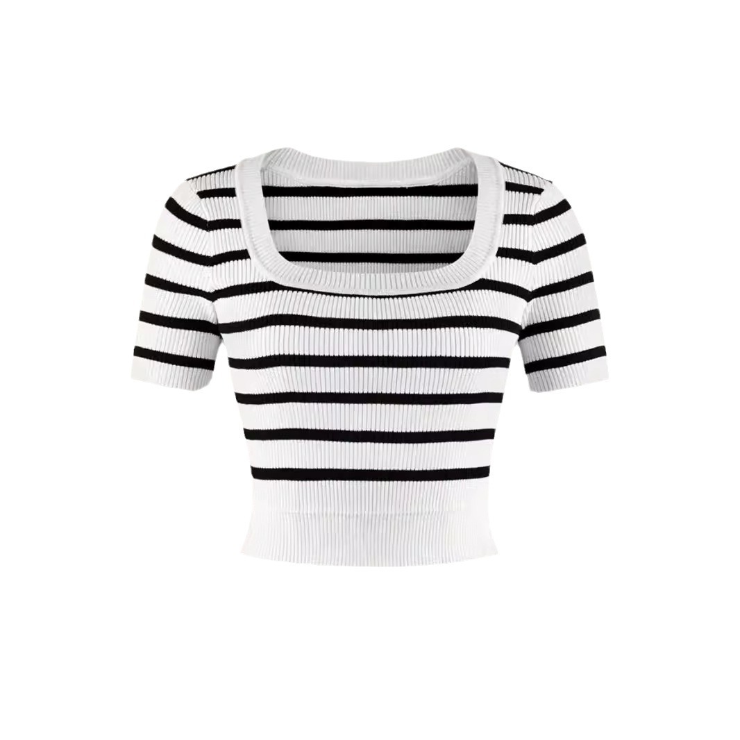 Striped Short Sleeve T-Shirt Square Neck Summer Top SSU-00001