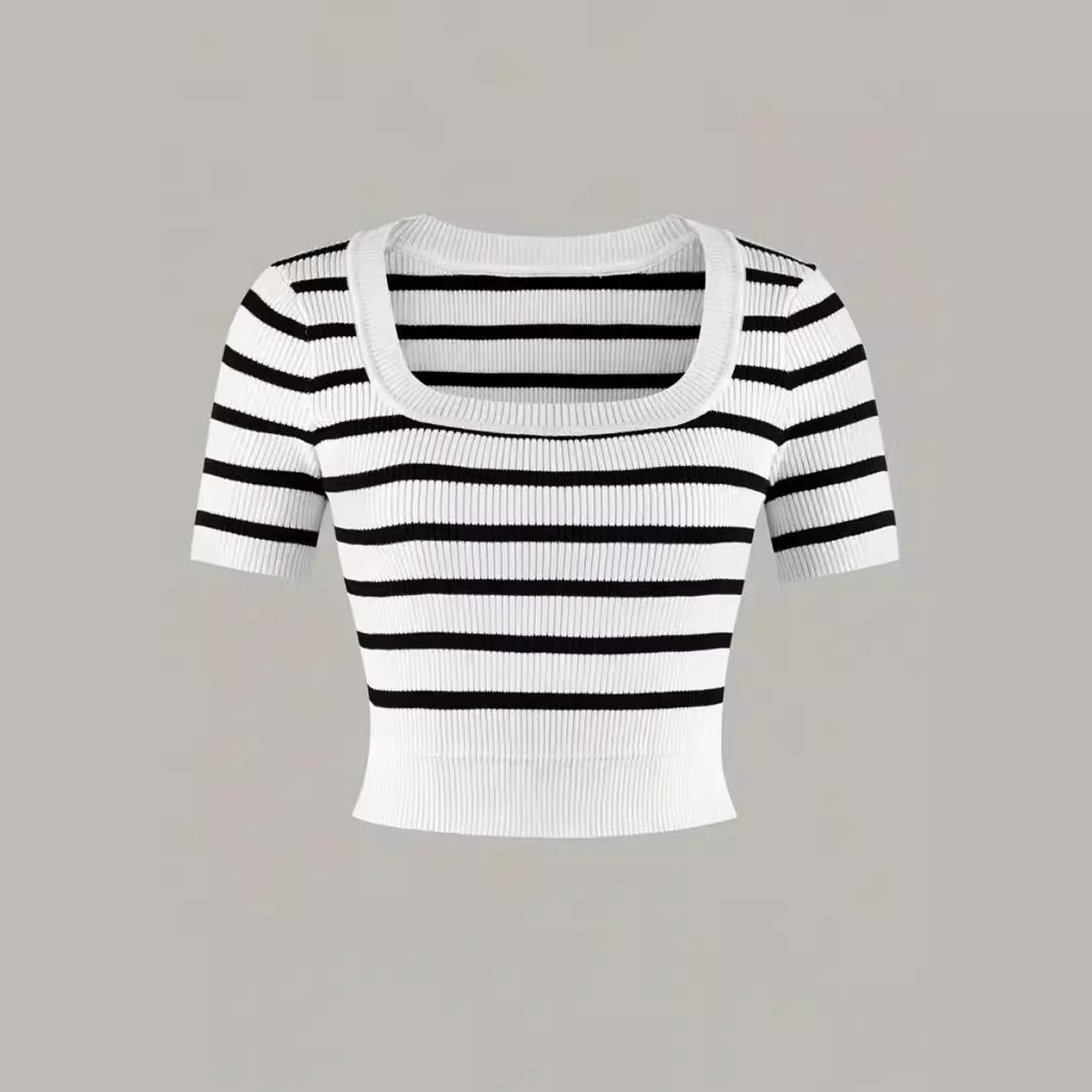Striped Short Sleeve T-Shirt Square Neck Summer Top SSU-00001
