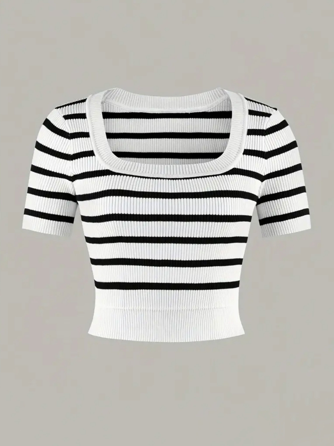 Striped Short Sleeve T-Shirt Square Neck Summer Top SSU-00001