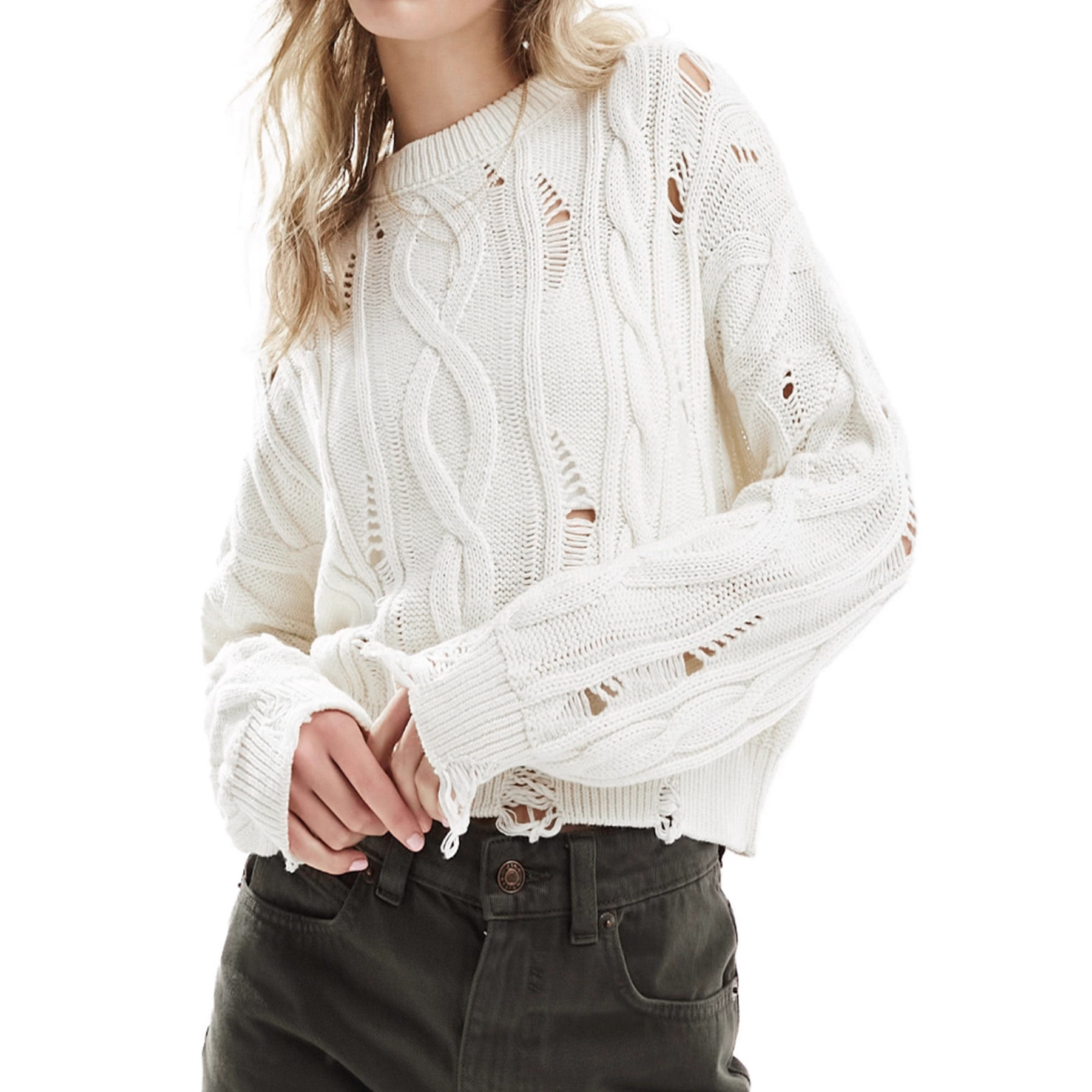 Women's Knit Sweater Long Sleeve Distressed Pullover Top SSU-00100