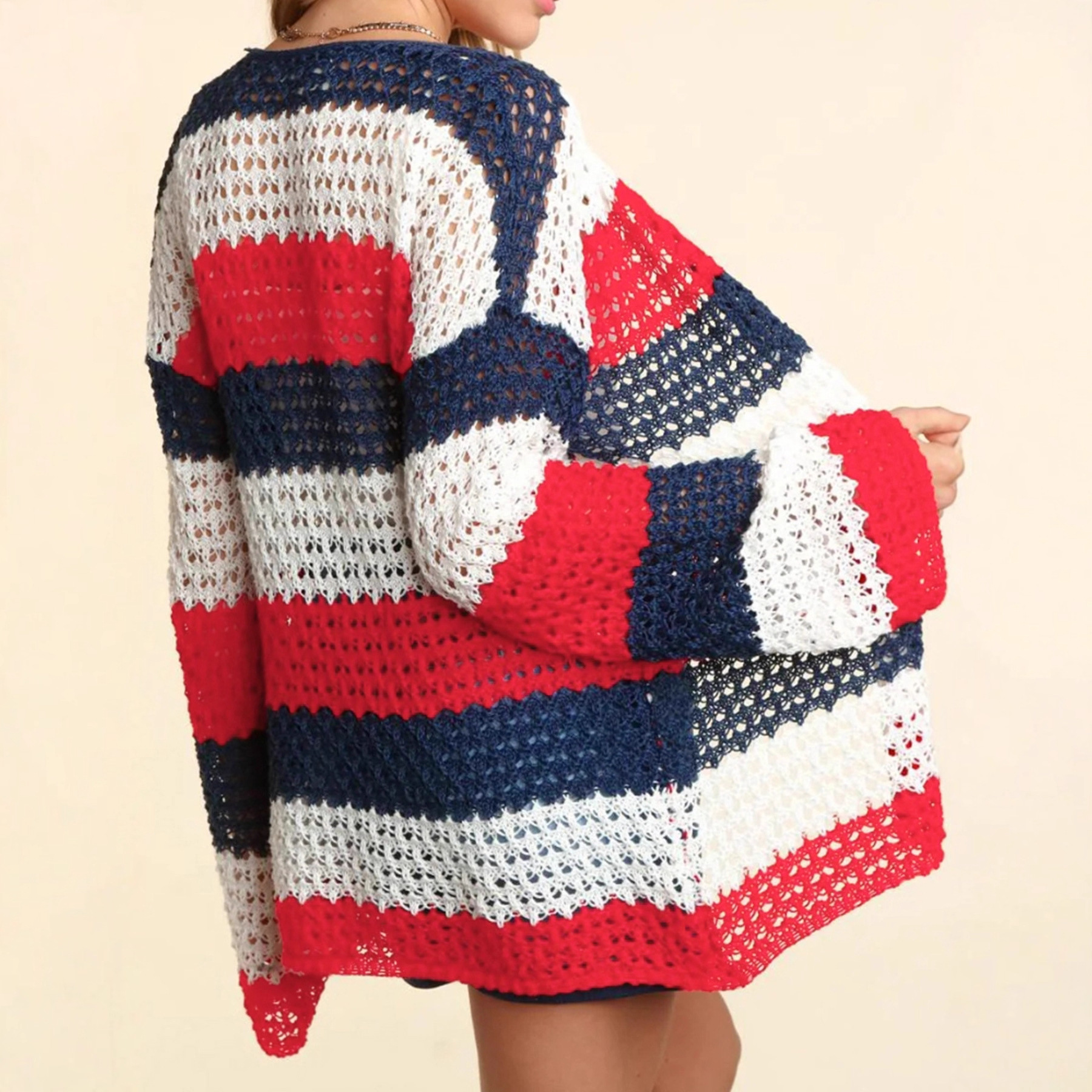 Knit Openwork Color Block Cardigan Long Sleeve Elegant Spring Autumn