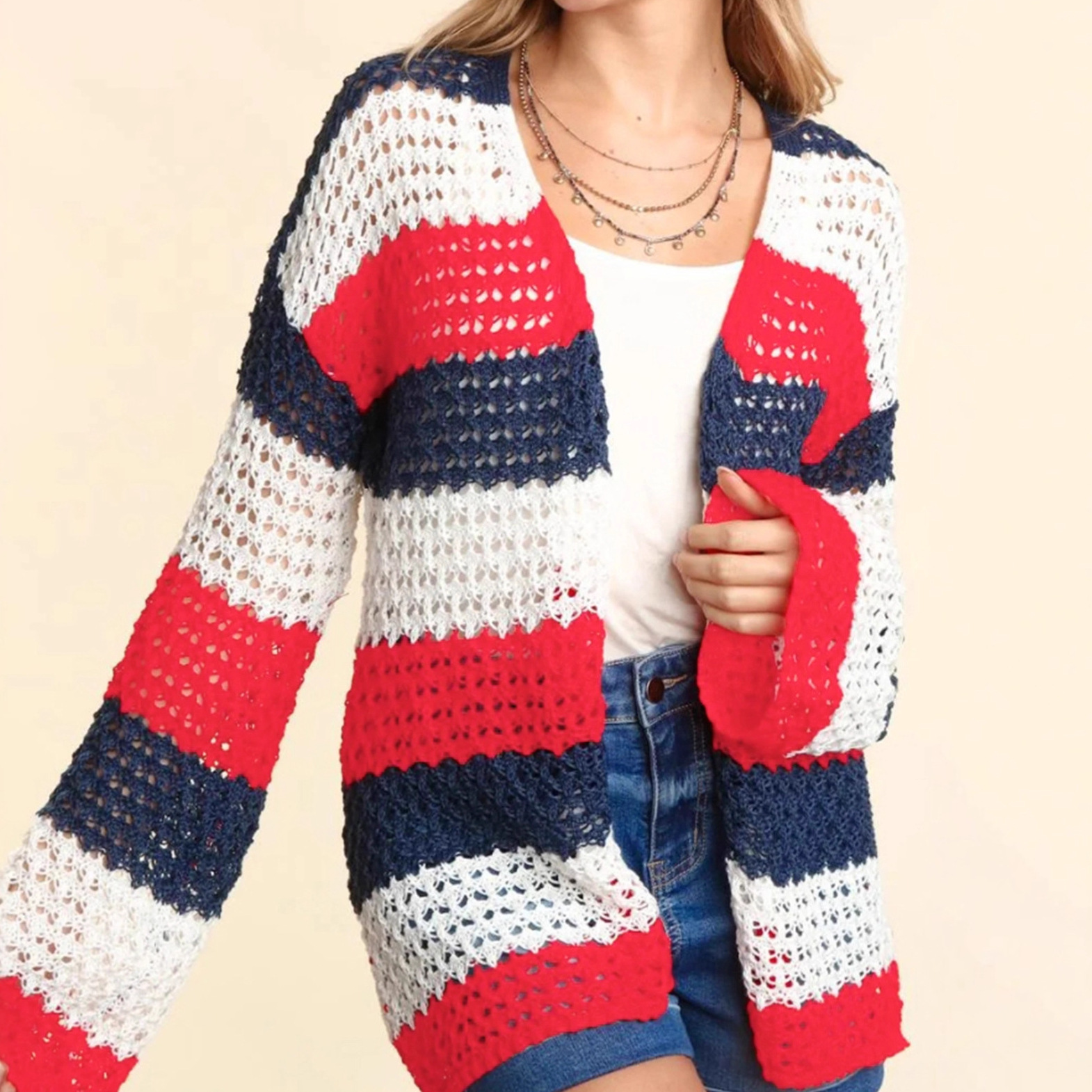Knit Openwork Color Block Cardigan Long Sleeve Elegant Spring Autumn