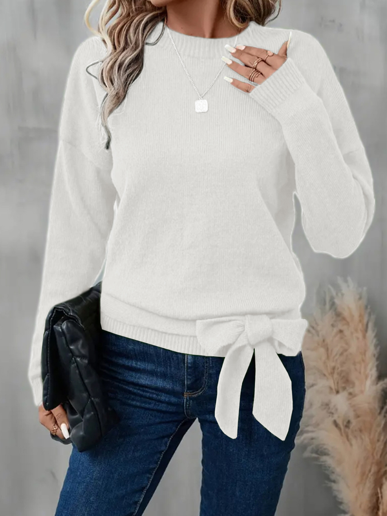 Knit Crewneck Sweater Bow Ribbed Loose Casual Autumn Winter SSU-00088