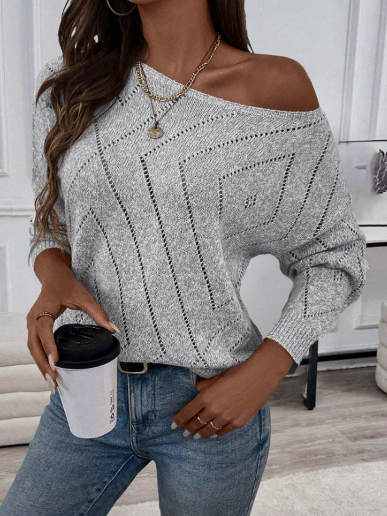 Women's Knit Ribbed Long Sleeve Sweater Hollow Out Casual Top SSU-00067