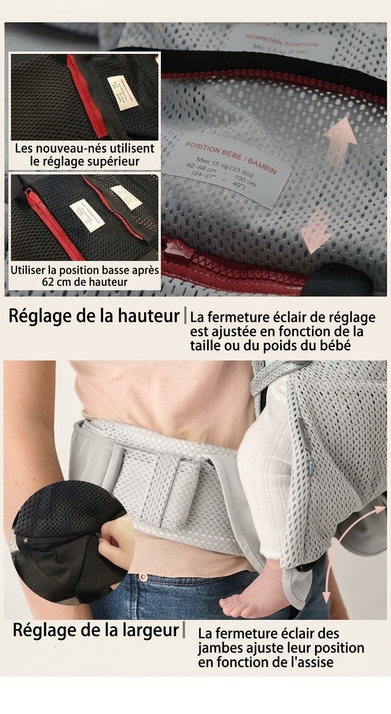 Porte-bébés ergonomiques pour nouveau-nés et jeunes enfants, réglables et en maille respirante.