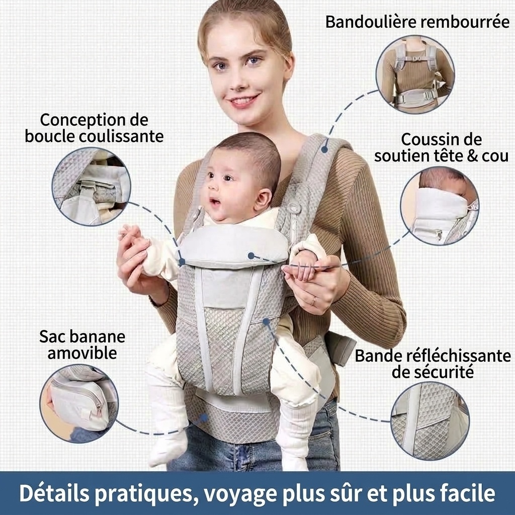 Porte-bébé avec repose-taille intégré, léger et multifonctionnel, portage ventral et dorsal, position horizontale pour les nouveau-nés, pour une utilisation en extérieur