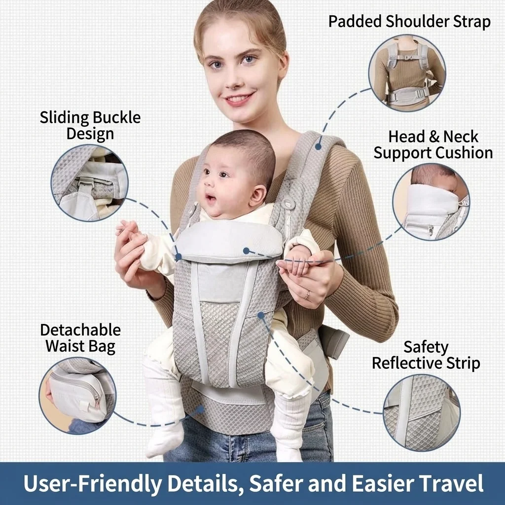 Baby Carrier with Waist Stool, Lightweight & Multifunctional, Front & Back Carry, Horizontal Hold for Newborns, for Outdoor Use