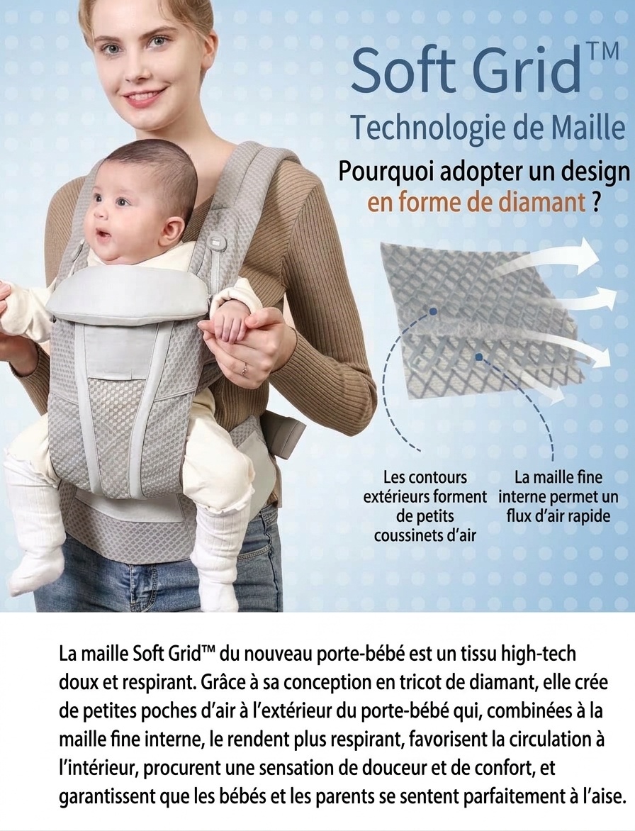 Porte-bébé avec repose-taille intégré, léger et multifonctionnel, portage ventral et dorsal, position horizontale pour les nouveau-nés, pour une utilisation en extérieur
