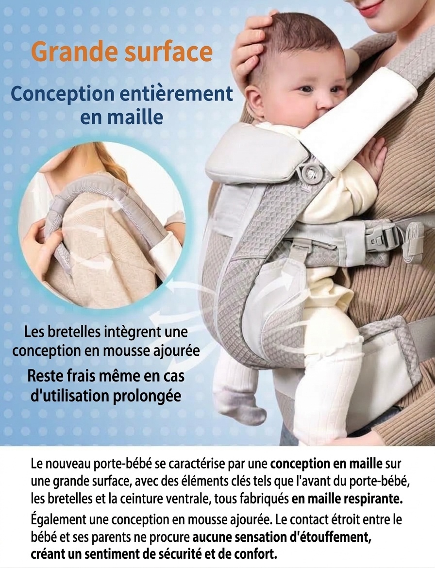 Porte-bébé avec repose-taille intégré, léger et multifonctionnel, portage ventral et dorsal, position horizontale pour les nouveau-nés, pour une utilisation en extérieur