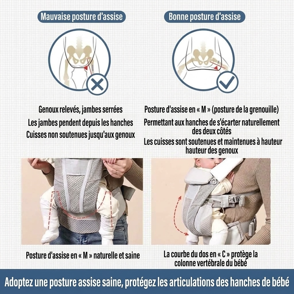 Porte-bébé avec repose-taille intégré, léger et multifonctionnel, portage ventral et dorsal, position horizontale pour les nouveau-nés, pour une utilisation en extérieur