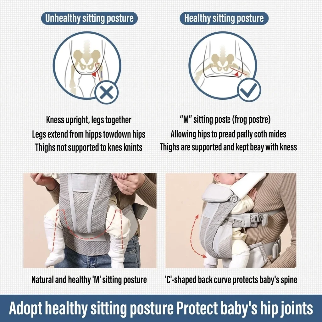 Baby Carrier with Waist Stool, Lightweight & Multifunctional, Front & Back Carry, Horizontal Hold for Newborns, for Outdoor Use