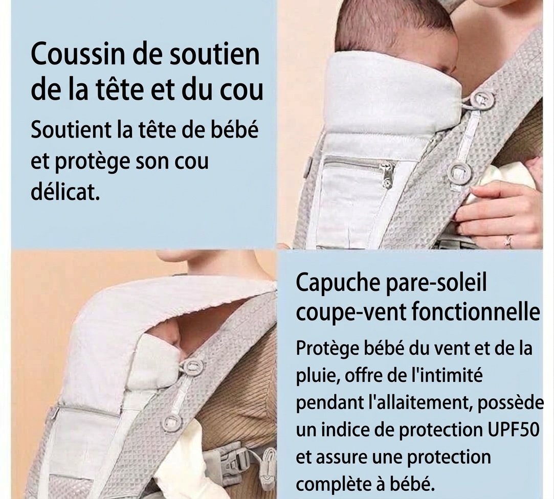 Porte-bébé avec repose-taille intégré, léger et multifonctionnel, portage ventral et dorsal, position horizontale pour les nouveau-nés, pour une utilisation en extérieur