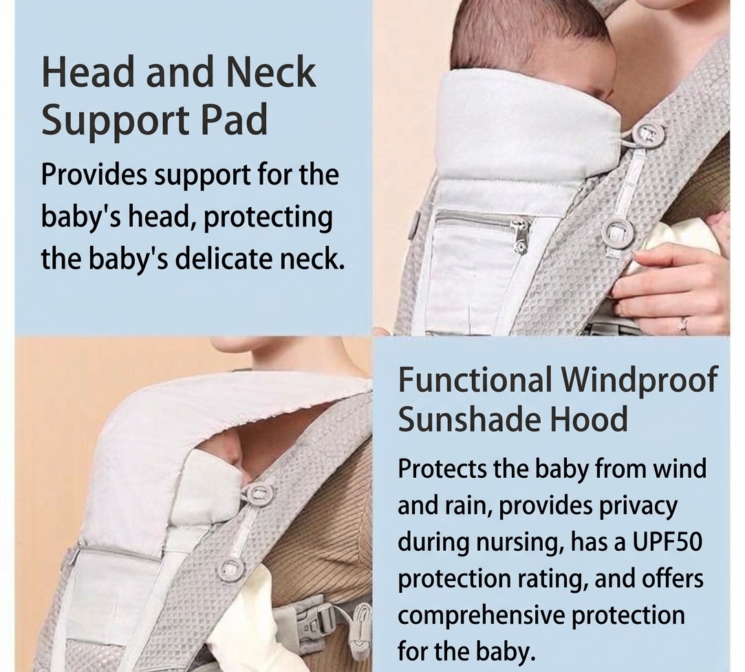 Baby Carrier with Waist Stool, Lightweight & Multifunctional, Front & Back Carry, Horizontal Hold for Newborns, for Outdoor Use