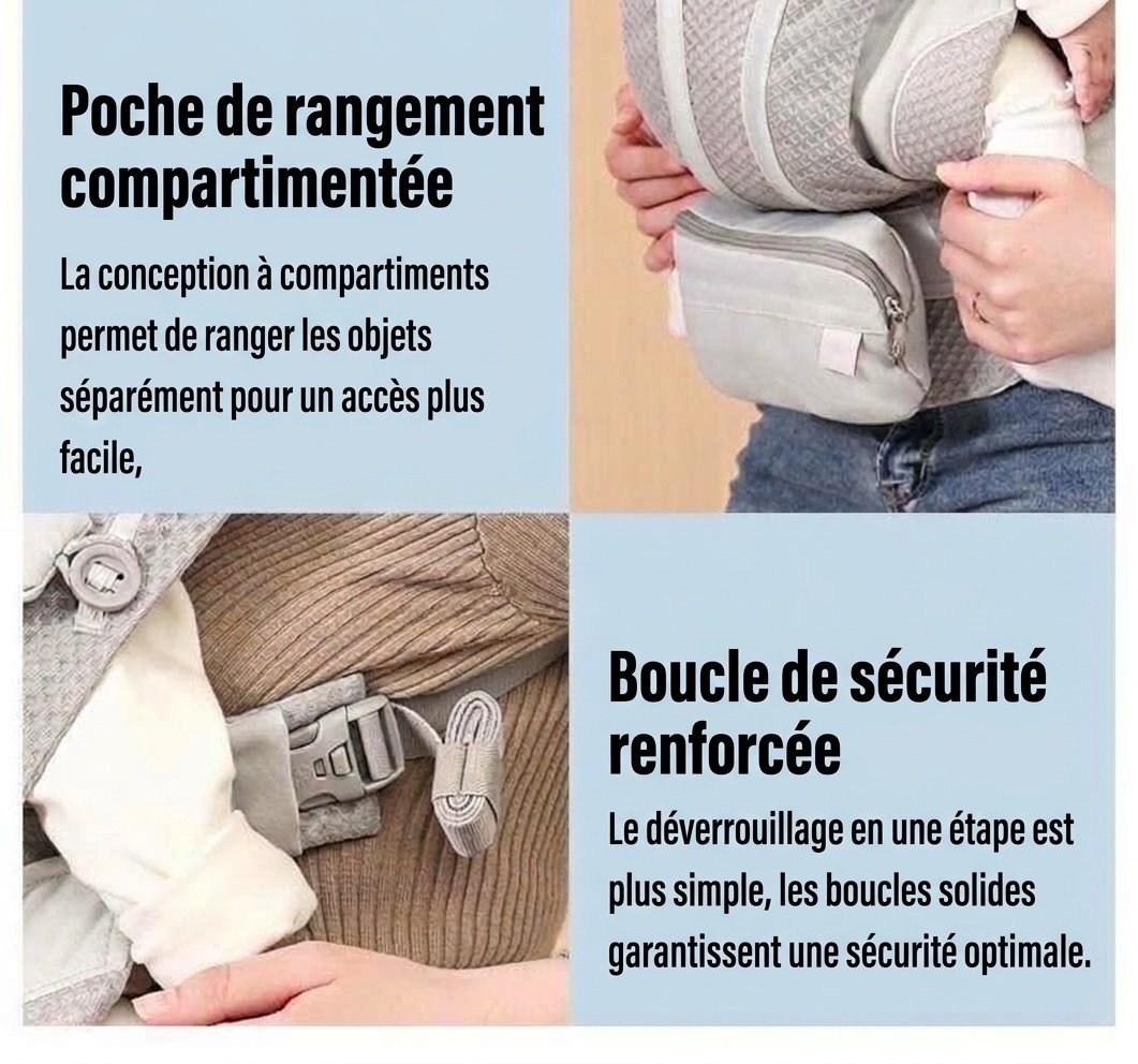 Porte-bébé avec repose-taille intégré, léger et multifonctionnel, portage ventral et dorsal, position horizontale pour les nouveau-nés, pour une utilisation en extérieur
