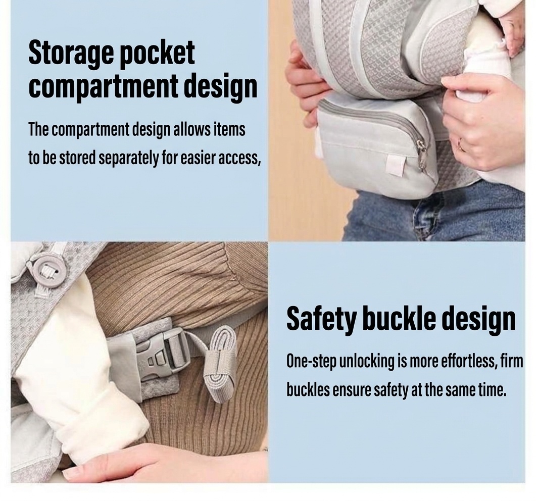 Baby Carrier with Waist Stool, Lightweight & Multifunctional, Front & Back Carry, Horizontal Hold for Newborns, for Outdoor Use