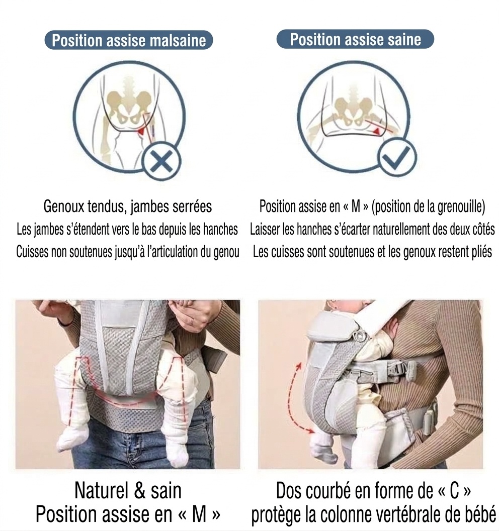 Porte-bébé avec repose-taille intégré, léger et multifonctionnel, portage ventral et dorsal, position horizontale pour les nouveau-nés, pour une utilisation en extérieur