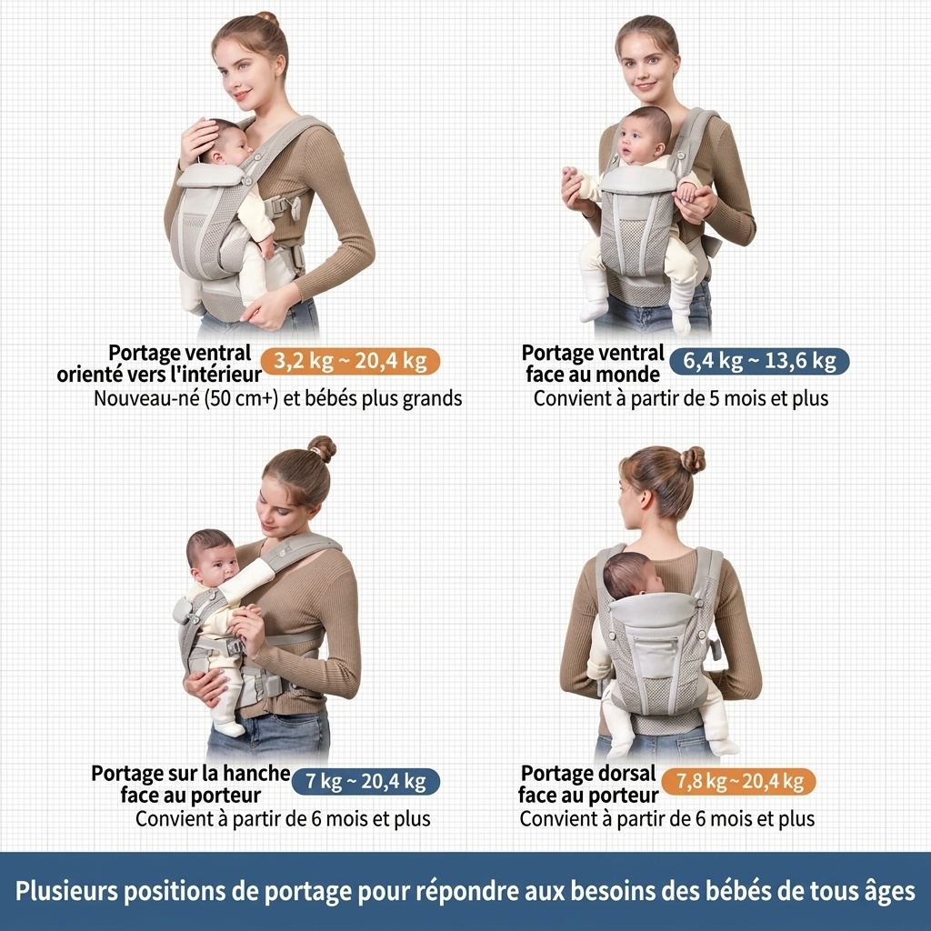 Porte-bébé avec repose-taille intégré, léger et multifonctionnel, portage ventral et dorsal, position horizontale pour les nouveau-nés, pour une utilisation en extérieur
