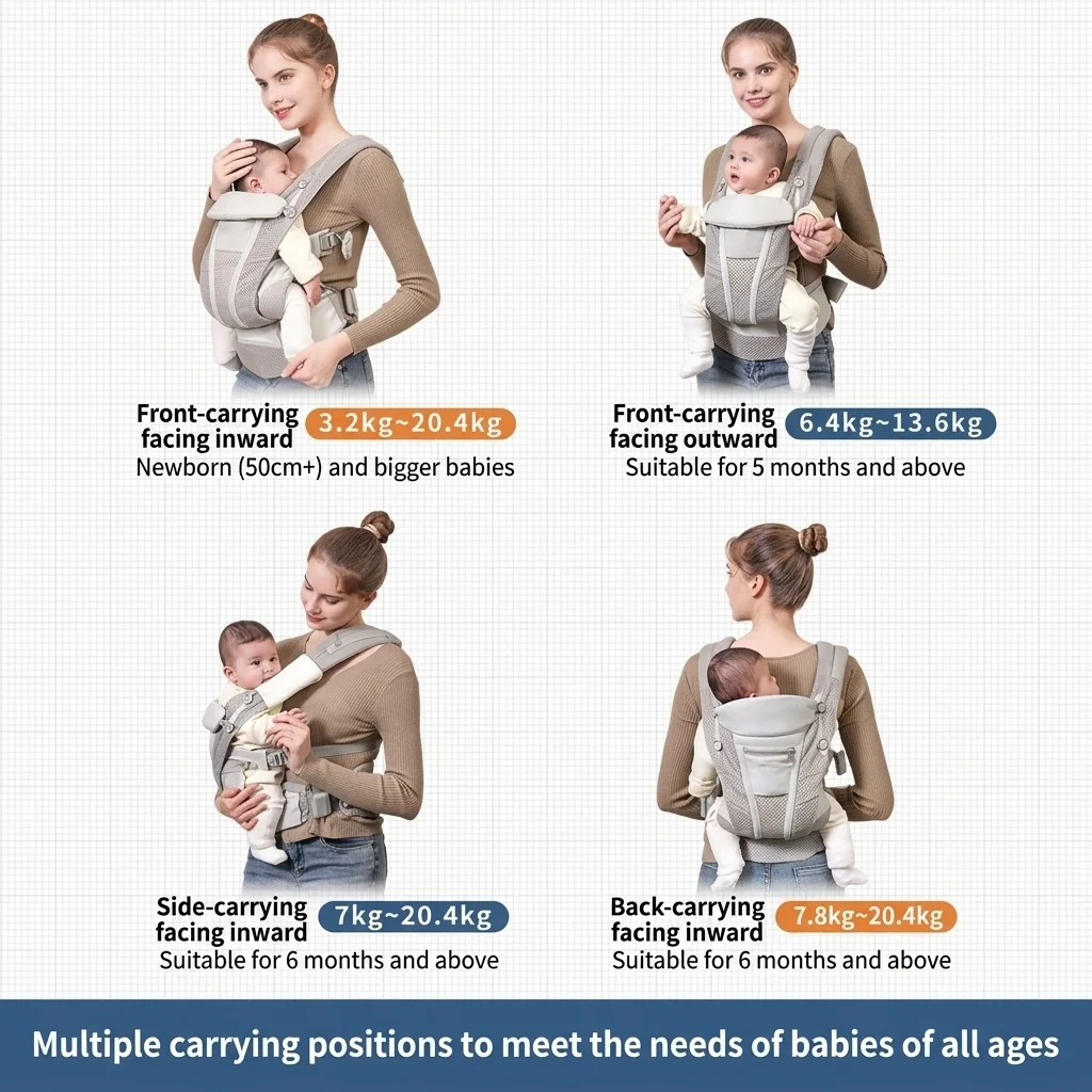 Baby Carrier with Waist Stool, Lightweight & Multifunctional, Front & Back Carry, Horizontal Hold for Newborns, for Outdoor Use