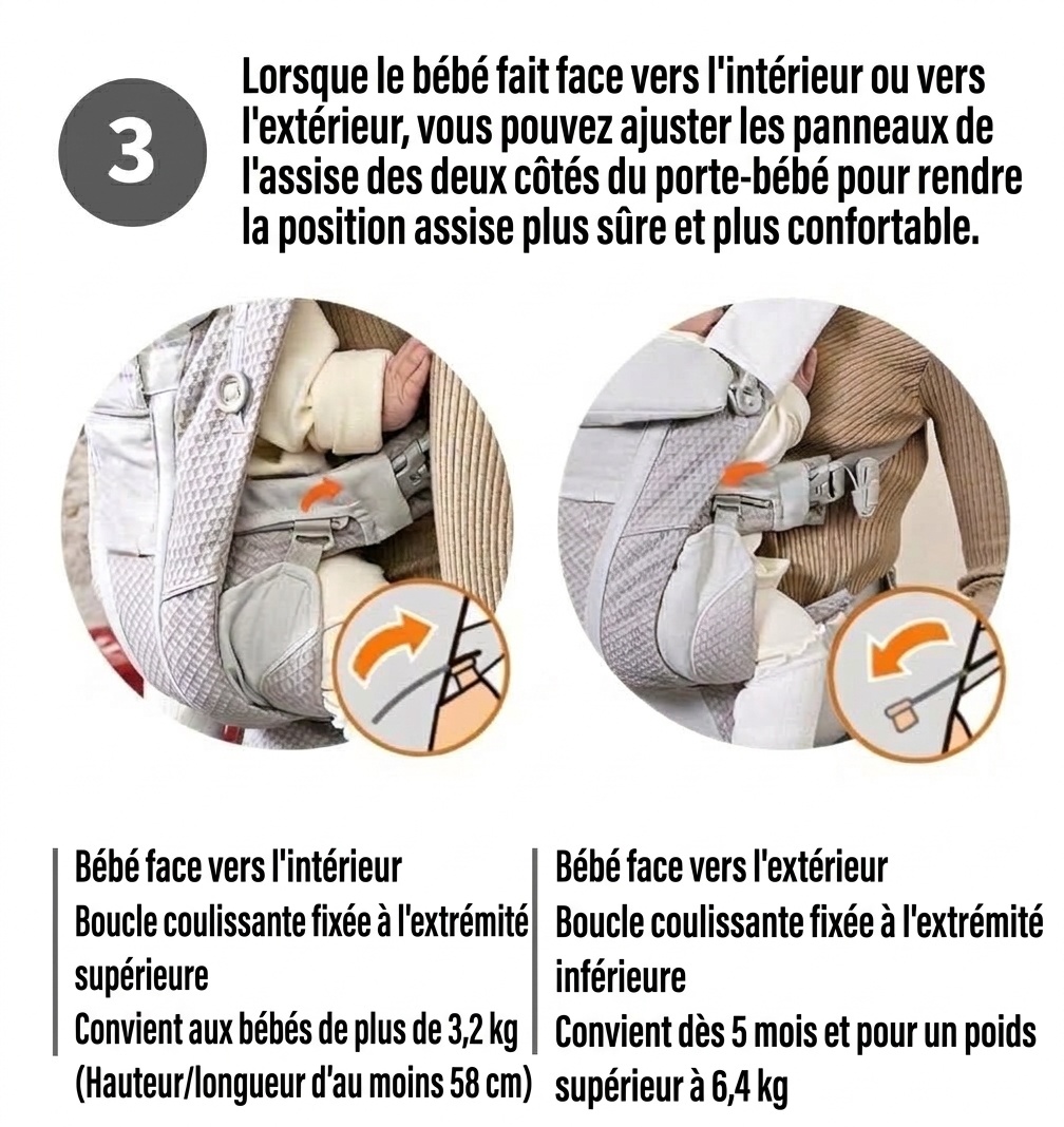 Porte-bébé avec repose-taille intégré, léger et multifonctionnel, portage ventral et dorsal, position horizontale pour les nouveau-nés, pour une utilisation en extérieur