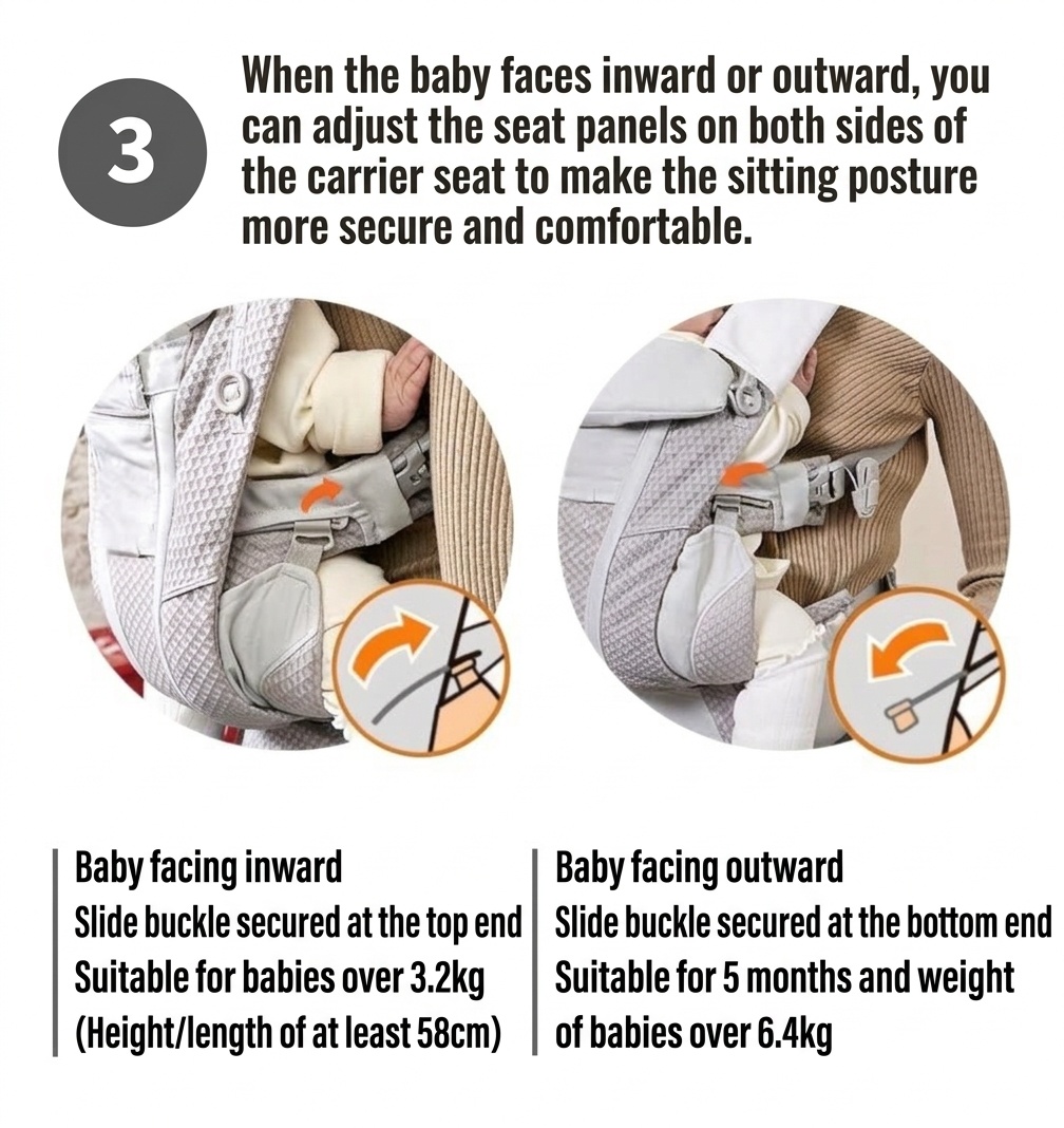 Baby Carrier with Waist Stool, Lightweight & Multifunctional, Front & Back Carry, Horizontal Hold for Newborns, for Outdoor Use