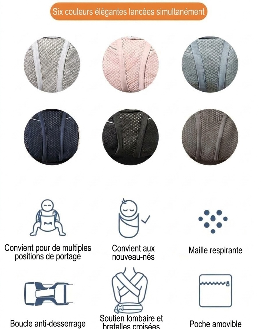 Porte-bébé avec repose-taille intégré, léger et multifonctionnel, portage ventral et dorsal, position horizontale pour les nouveau-nés, pour une utilisation en extérieur