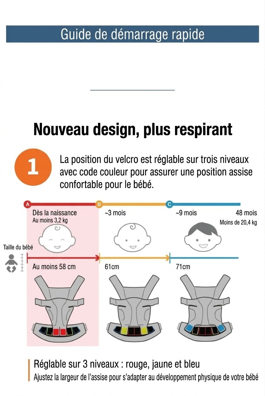 Porte-bébé avec repose-taille intégré, léger et multifonctionnel, portage ventral et dorsal, position horizontale pour les nouveau-nés, pour une utilisation en extérieur