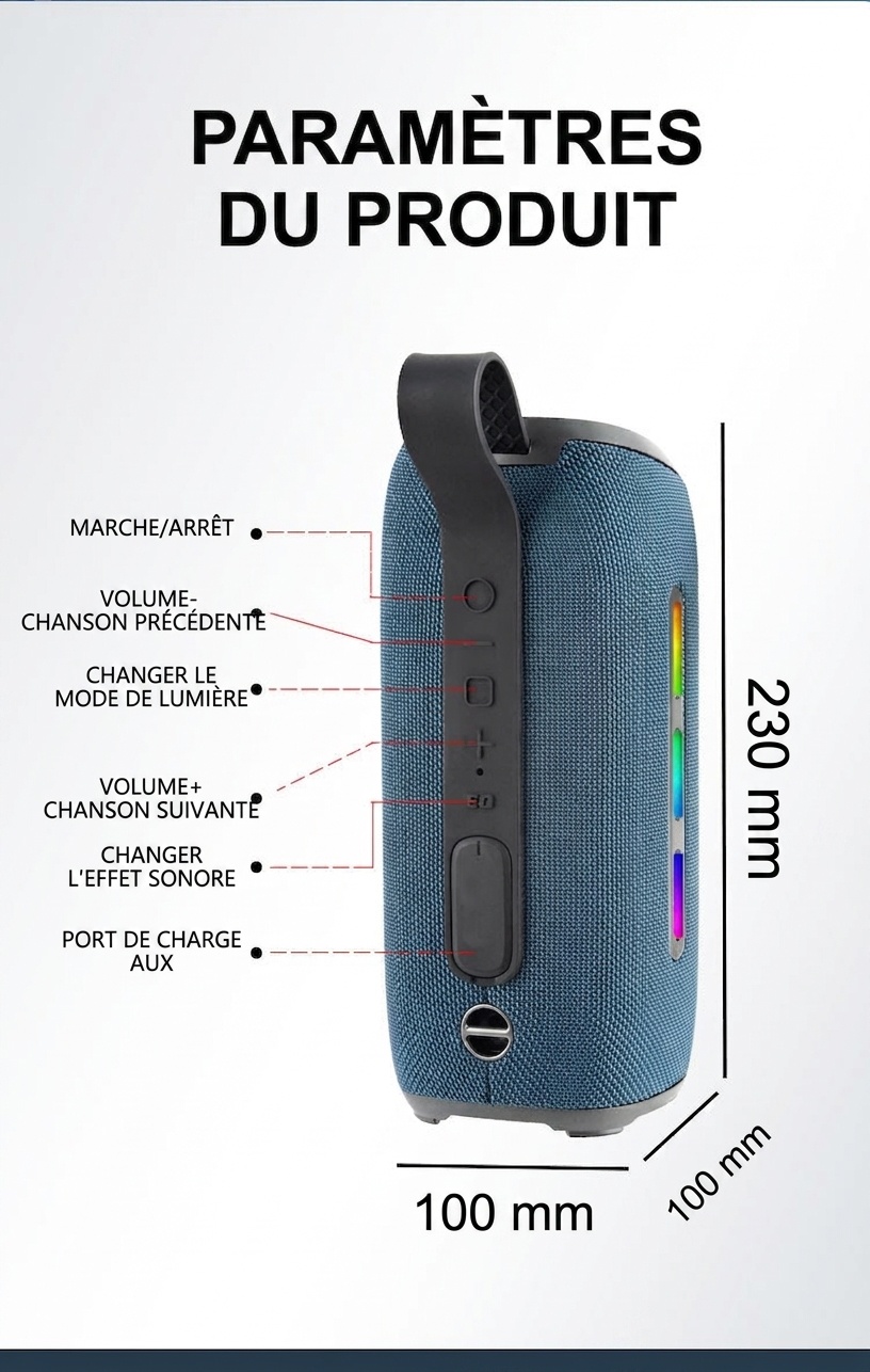 Enceinte Bluetooth portable étanche avec lumières RGB dynamiques
