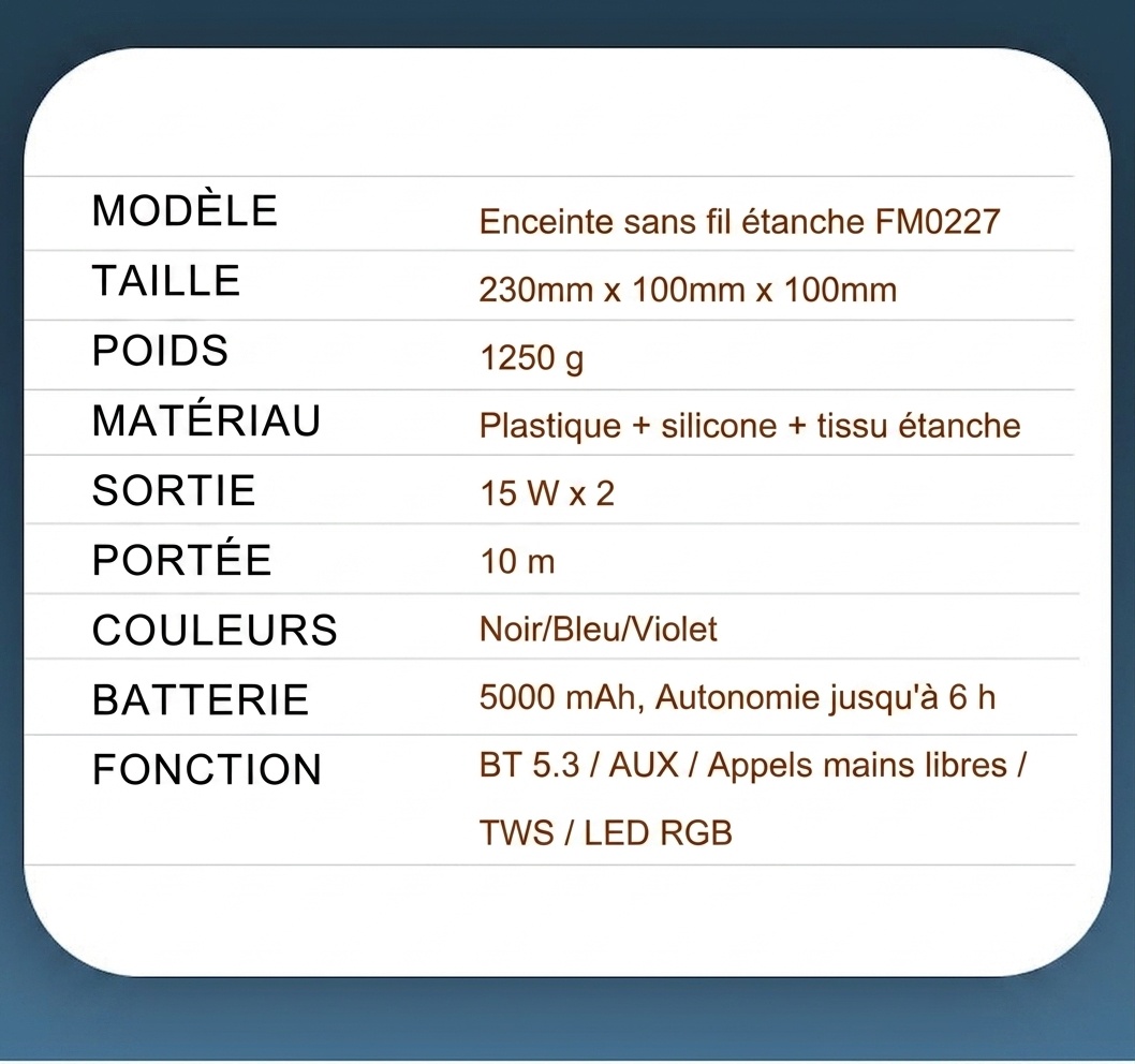 Enceinte Bluetooth portable étanche avec lumières RGB dynamiques