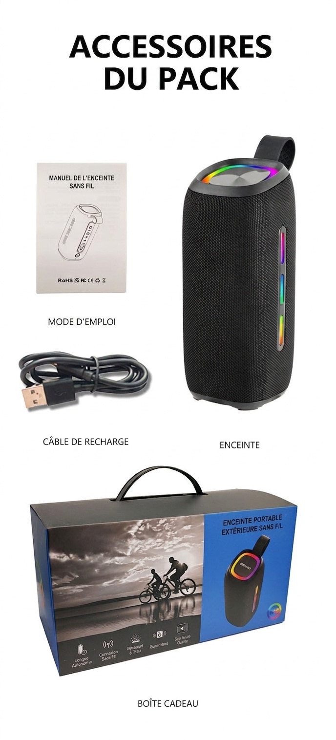 Enceinte Bluetooth portable étanche avec lumières RGB dynamiques