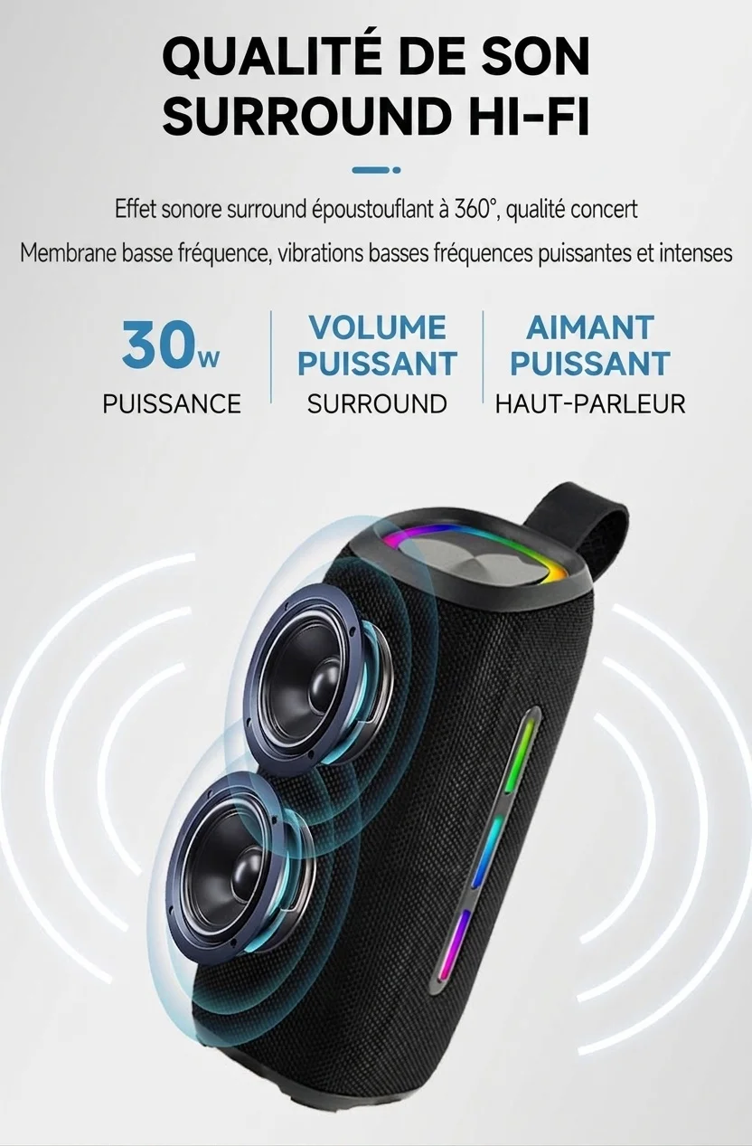 Enceinte Bluetooth portable étanche avec lumières RGB dynamiques