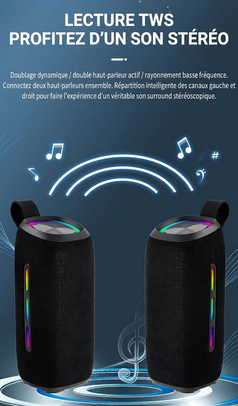 Enceinte Bluetooth portable étanche avec lumières RGB dynamiques