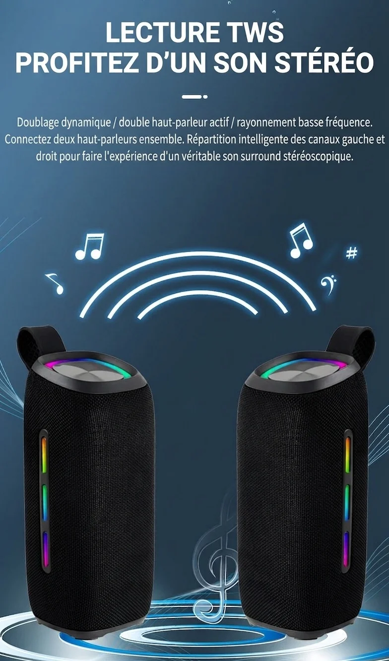 Enceinte Bluetooth portable étanche avec lumières RGB dynamiques