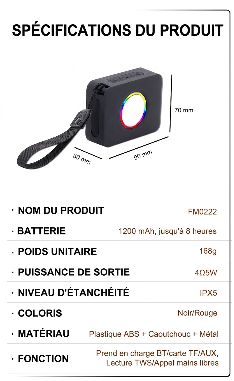 Enceinte Bluetooth portable avec lumière RGB et étanchéité IPX5