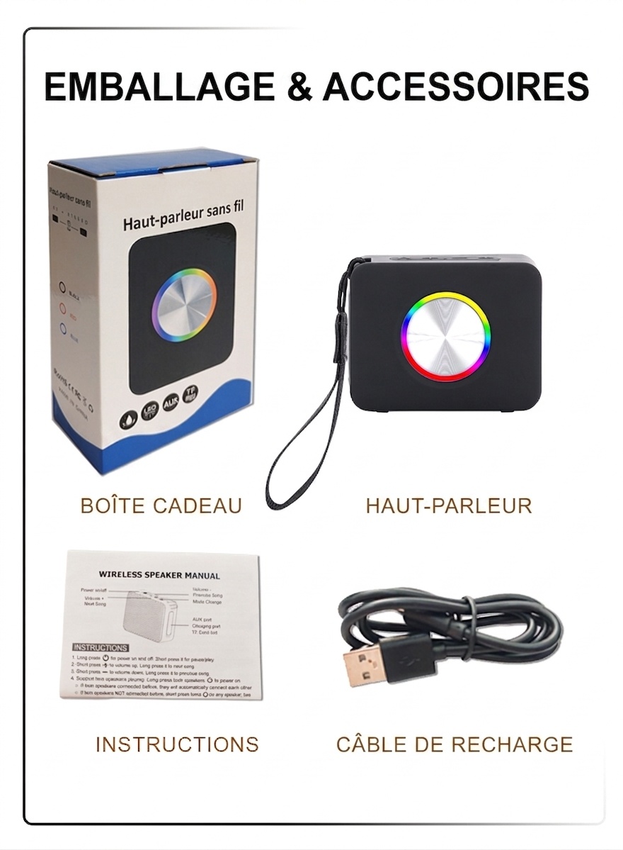 Enceinte Bluetooth portable avec lumière RGB et étanchéité IPX5