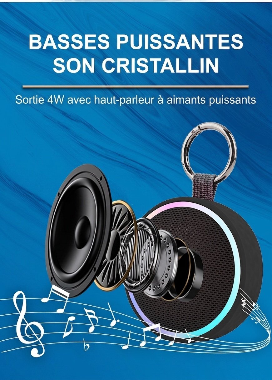 Enceinte Bluetooth portable étanche avec lumières RGB et clip