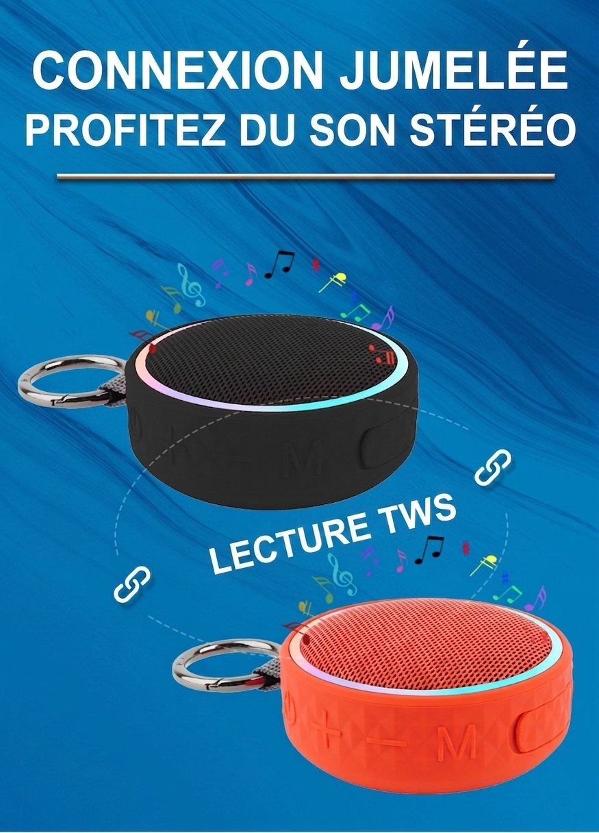 Enceinte Bluetooth portable étanche avec lumières RGB et clip