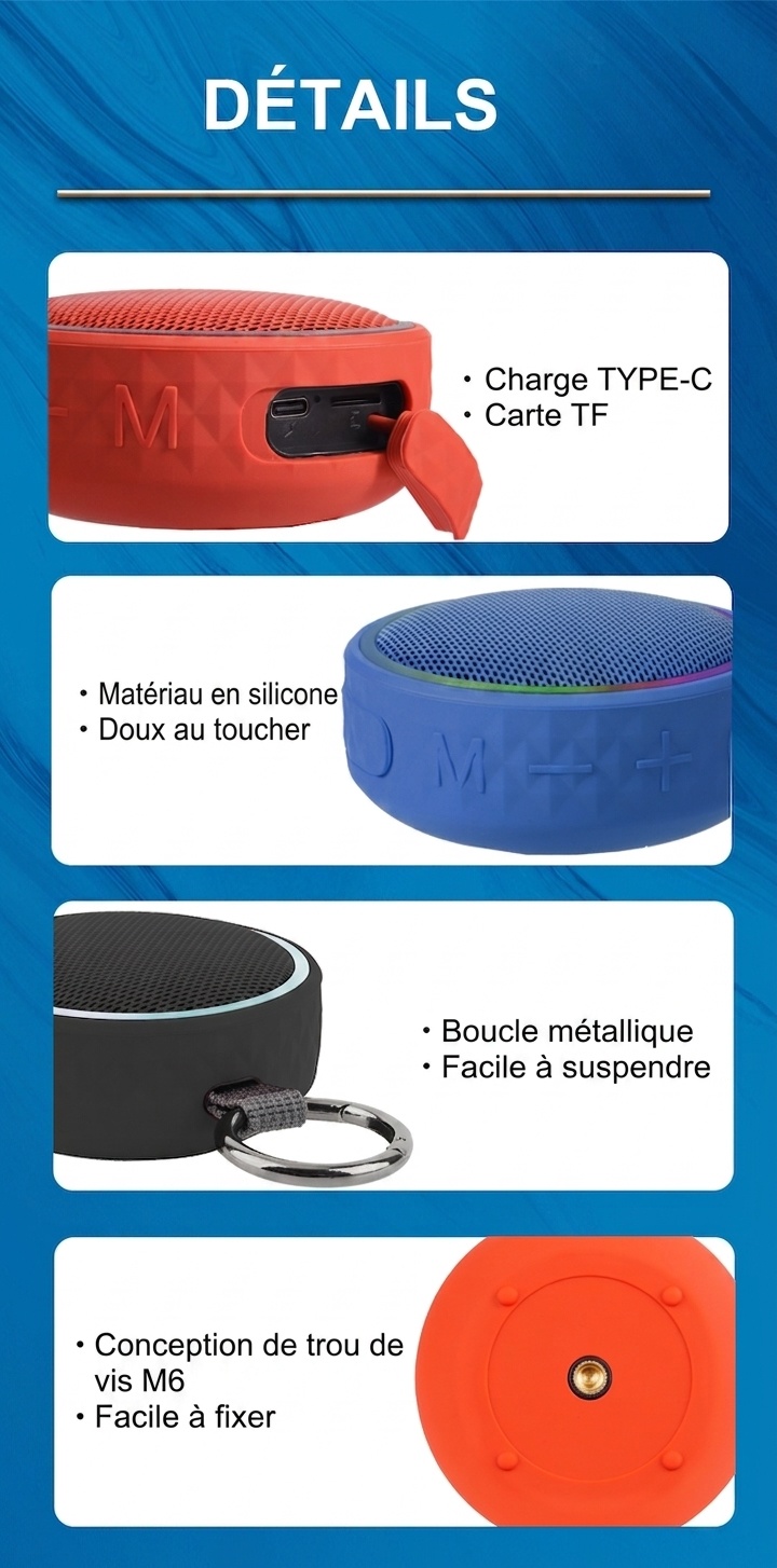 Enceinte Bluetooth portable étanche avec lumières RGB et clip