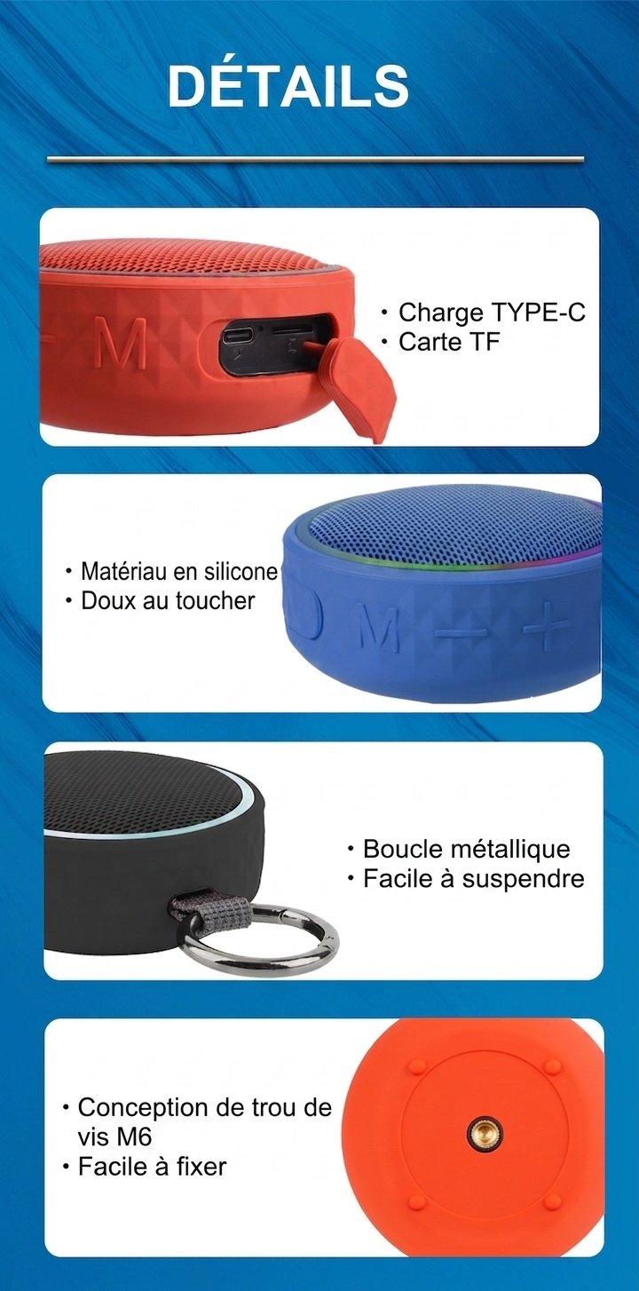 Enceinte Bluetooth portable étanche avec lumières RGB et clip