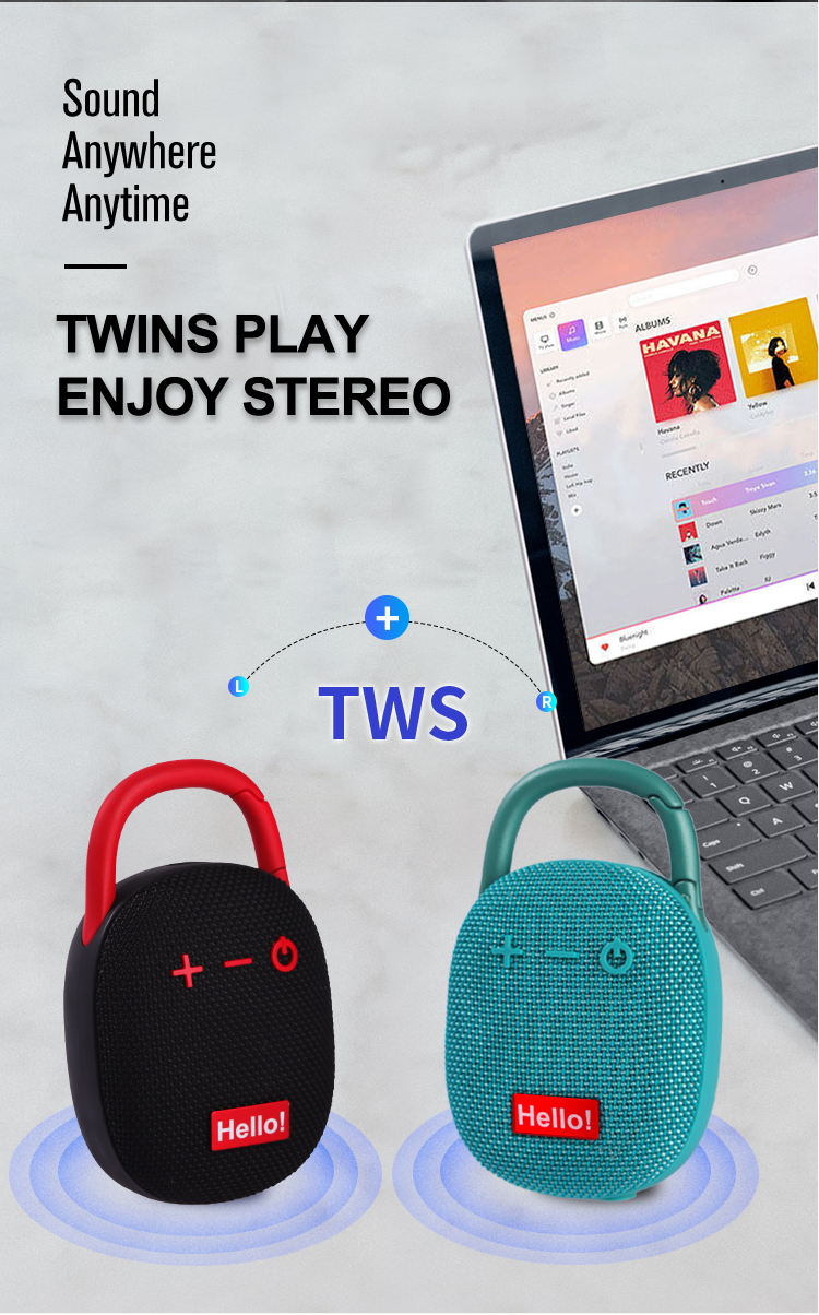 Portable Waterproof Bluetooth Speaker with Carabiner Clip