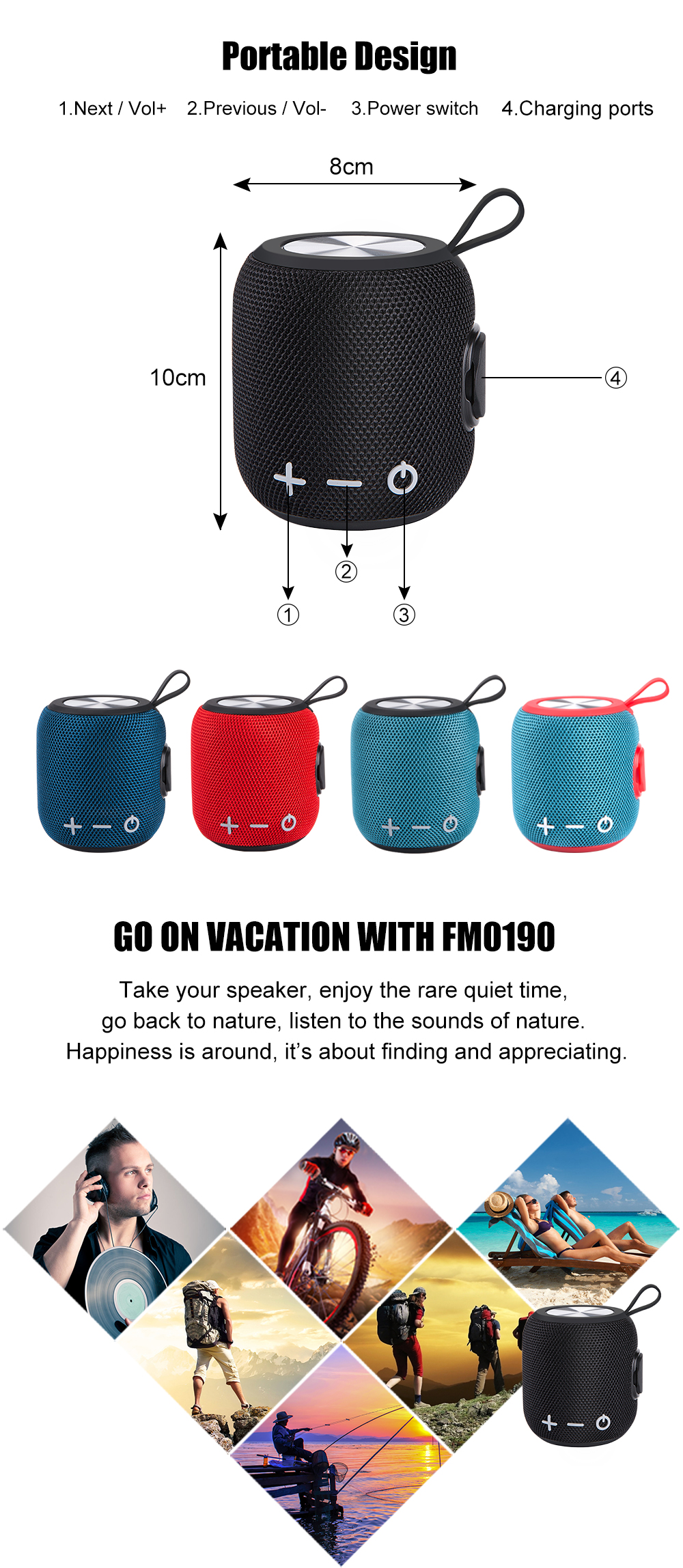 Portable Bluetooth Speaker with IPX6 Waterproof & Carry Strap