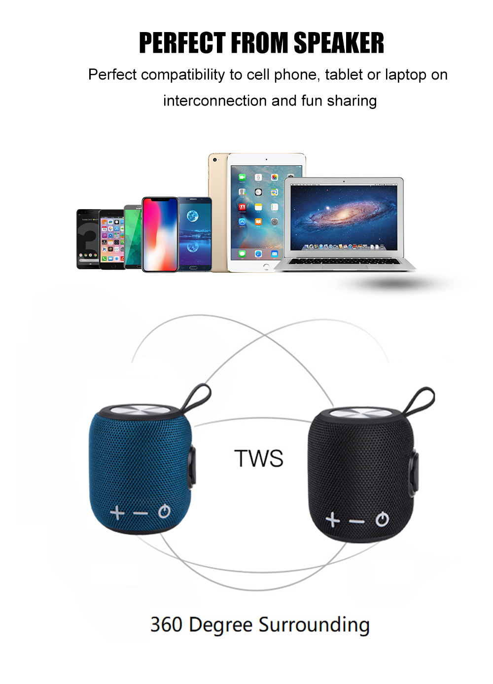 Portable Bluetooth Speaker with IPX6 Waterproof & Carry Strap